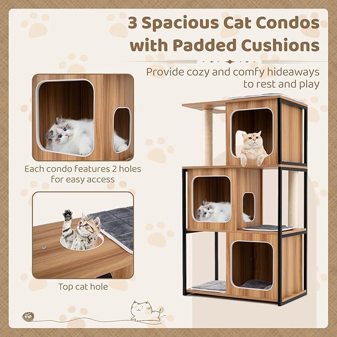 Tangkula Modern Cat Tree, 52 Inch Wooden Cat Condos with Metal Frame, Sisal Scratching Posts & Board, Washable Cushions, Multi-Level Cat Tower for Indoor Cats & Kittens (Natural)