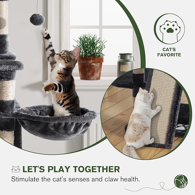 IMUsee 68 Inches Multi-Level Large Cat Tree for Large Kitties/Big Cat Tower with Condo/Cozy Plush Perches/Sisal Scratching Posts and Hammocks/ ‌Feline Activity Center Play House/Smoky Grey