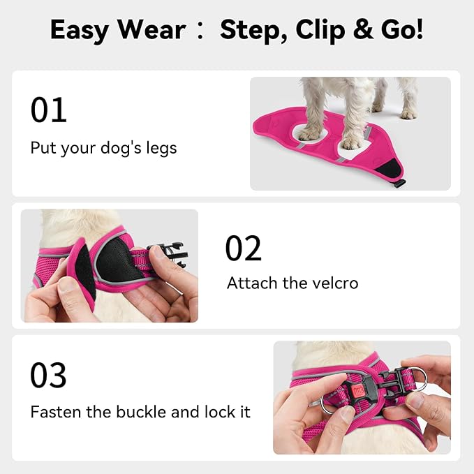Joytale Small Dog Harness, Breathable Mesh Step-in Vest, Reflective Soft Padded Harnesses for Small and Medium Dogs, Hot Pink, L
