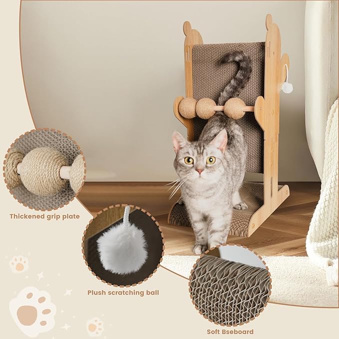 Cat Scratcher,T Shaped Vertical Cat Scratcher for Wall and Couch Protection, Cat Scratching Post with 5 Cat Ball Toys (Burlywood)