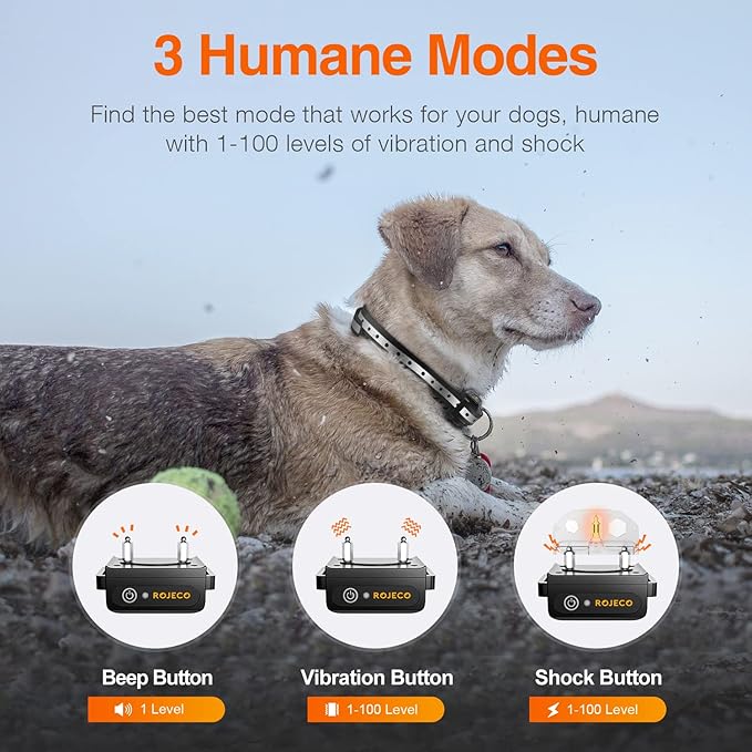 ROJECO Dog Training Collar with 3300FT Remote，IPX7 Waterproof Rechargeable Shock Collar for Large Medium Small Dogs，3 Safe Training Modes with Beep,Vibration and Shock,Adjustable Electronic Dog Collar
