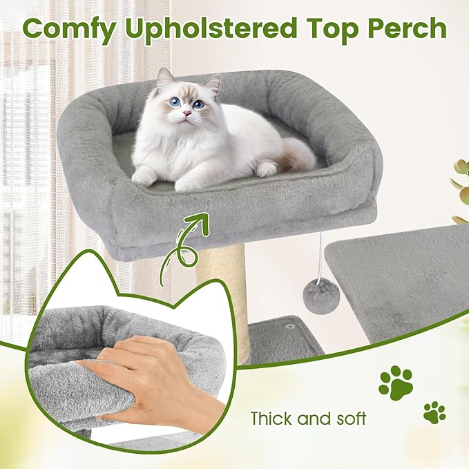 PETSITE Multi-Level Cat Tree, 75 Inches Tall with Sisal Scratching Posts, 2 Condos, Hammock, Dangling Balls, and Cozy Top Perch, Ideal for Indoor Cats to Play and Rest (Grey)