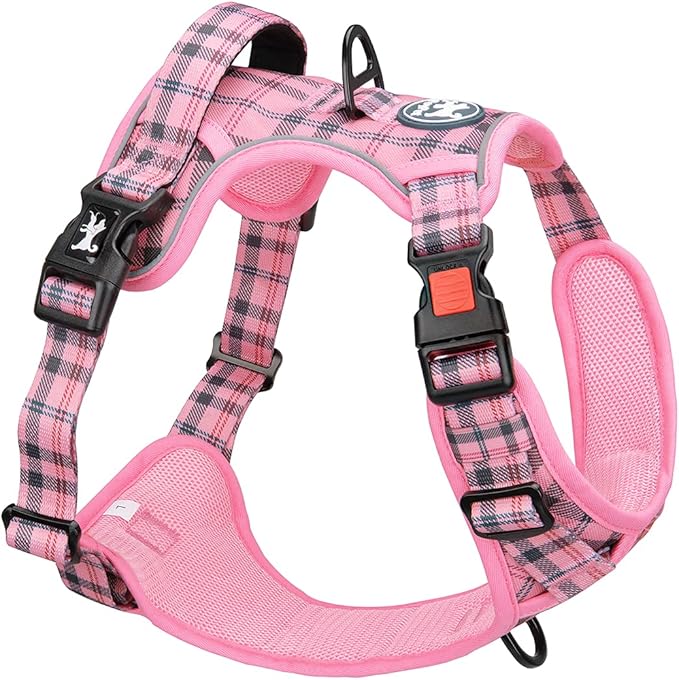 PoyPet No Pull Dog Harness, [Release at Neck] Reflective Adjustable No Choke Pet Vest with Front & Back 2 Leash Attachments, Soft Control Training Handle for Medium Dogs(Checkered Pink,M)