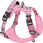 PoyPet No Pull Dog Harness, [Release at Neck] Reflective Adjustable No Choke Pet Vest with Front & Back 2 Leash Attachments, Soft Control Training Handle for Large Dogs(Checkered Pink,XL)
