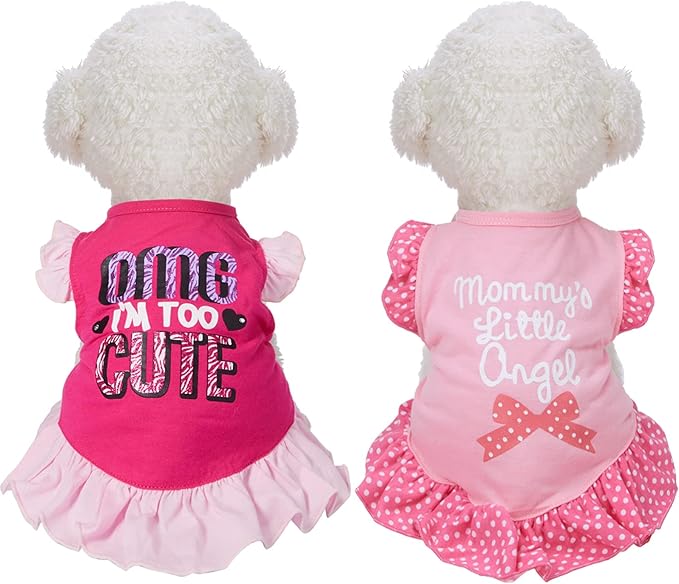 2 Pieces Dog Dresses for Dogs Cute Girl Female pet Dress Mommy Puppy Shirt Skirt Dresses Pet Summer Clothes Apparel for Cats(OMG and Angel,Medium)