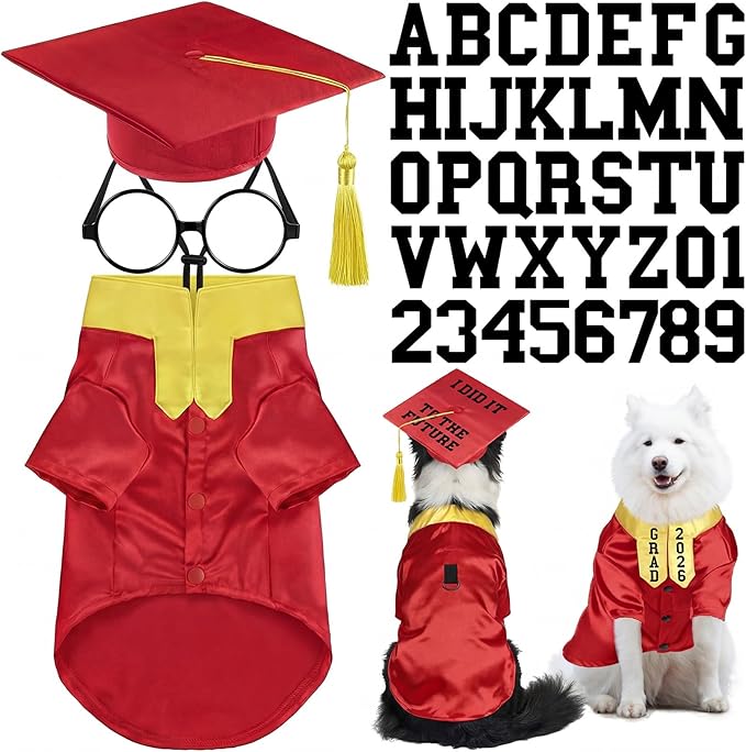 5 Pcs Dog Graduation Costume Set Include 2026 Pet Graduation Gown with Stole Puppy Grad Cap Lensless Glasses DIY Letter Stickers for Dogs Cats Holiday Costume Accessory(Red Yellow,XL)