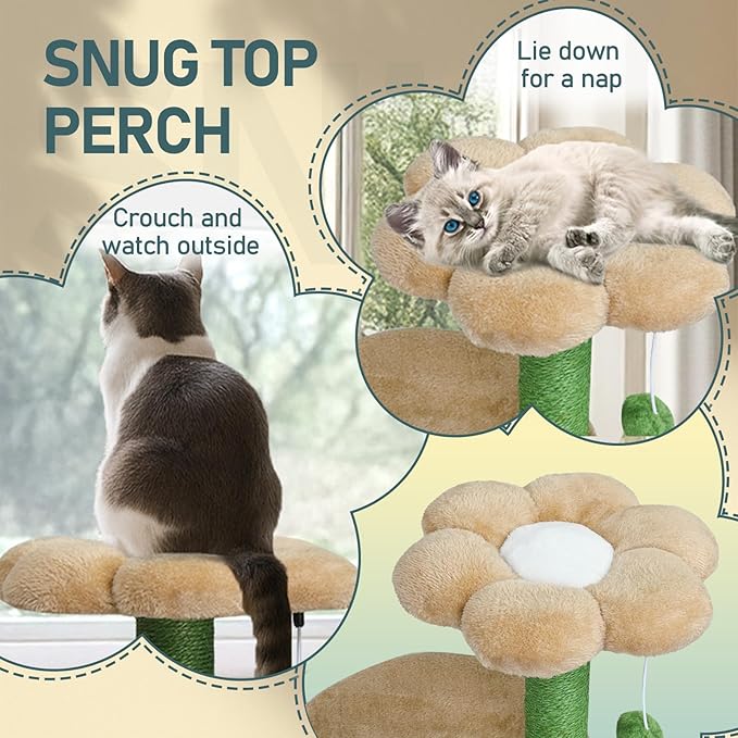 Cat Tree, 33" Multi-Level Cloud Cat Tree Tower with Cozy Padded Bed & Large Condo for All Sized Cats, Featuring Scratching Posts, Viewing Perch & Toys, Stable Small Cat Tower (Lavender)