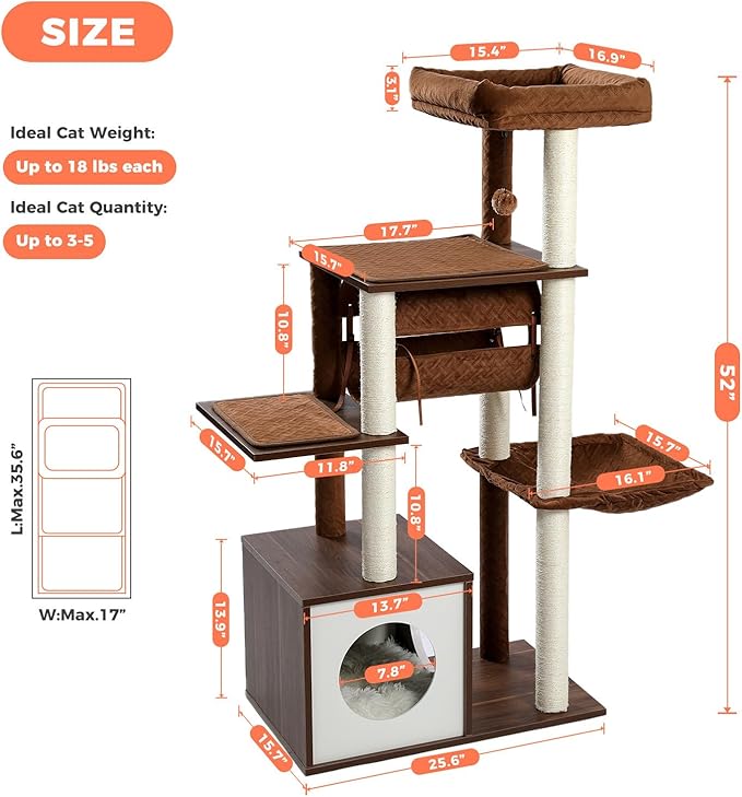52" Wood Cat Tree for Large Cats, Modern Cat Tower with Fully Sisal Covered Scratching Posts, Luxury Cat Furniture with Spacious Perch, Super Large Hammock, Cozy Condo and Swing Tunnel Brown