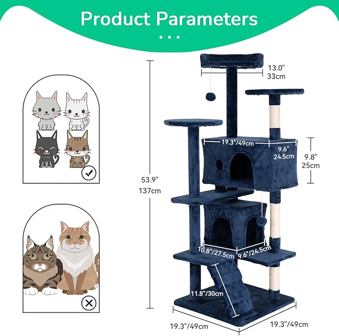 Cat Tree 54 Inch Cat Condo Stand House Multi-Level Cat Tower Durable Cat Scratching Post & Cozy Fun Indoor Cat Jumping Platform Kitty Activity Center with Furry Ball Toys for Cats, Navy Blue