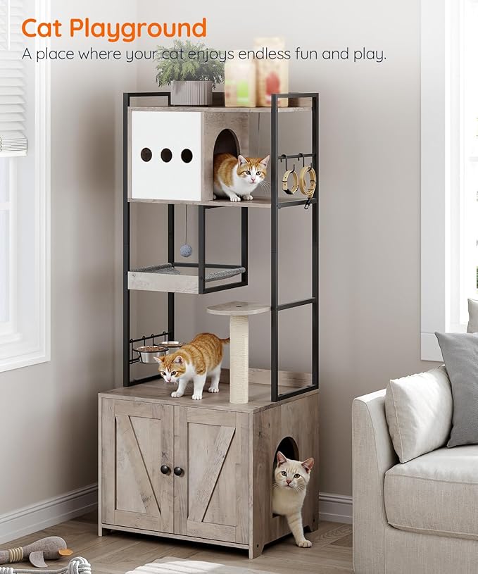 HOOBRO Cat Tree with Litter Box Enclosure, 58.7" H Cat Tower with Hidden Litter Box Furniture, with Scratching Post, Step, Hammock, Multifunctional Pet Furniture with Food Bowls, Greige BG30MZ03G1