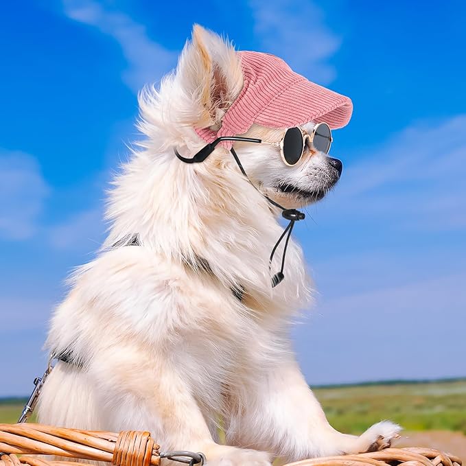 Jadive X-Small Dog Sun Hat with Ear Holes, Dog Cat Sunglasses with Anti-Slip Silicone Rope Baseball Cap Adjustable Puppy Sunbonnet Headdress Beach Visor Hat for Puppies Summer Outdoor(Pink)