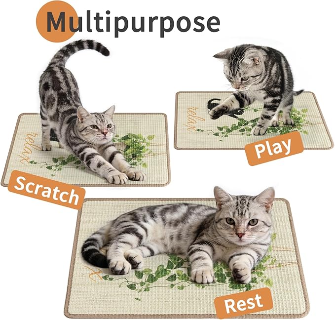 Sisal Cat Scratcher Mat Cat Wall Scratcher for Indoor Scratch Pad Wall Mounted Scratching Post to Protect Couch Carpet Furniture 23.6"x15.7" (Green Plant Cat)
