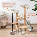 Solid Wood Cat Tree, 40" Tall Wooden Tower for Cats with Scratching Posts, Plush Perch, Large Space Capsule, Platforms, Removable Pads Heavy-Duty Indoor Cat Furniture Toys (Natural)