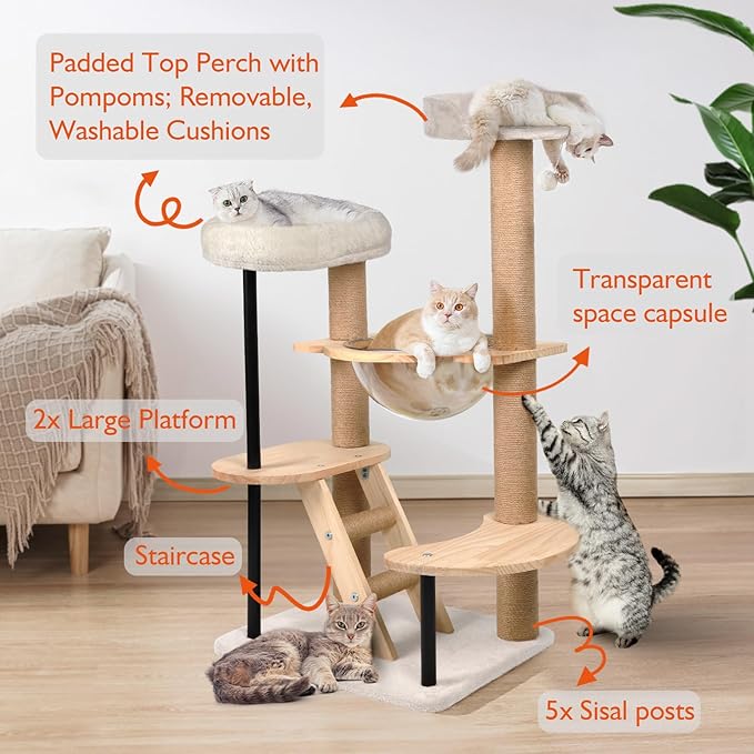 Solid Wood Cat Tree, 40" Tall Wooden Tower for Cats with Scratching Posts, Plush Perch, Large Space Capsule, Platforms, Removable Pads Heavy-Duty Indoor Cat Furniture Toys (Natural)