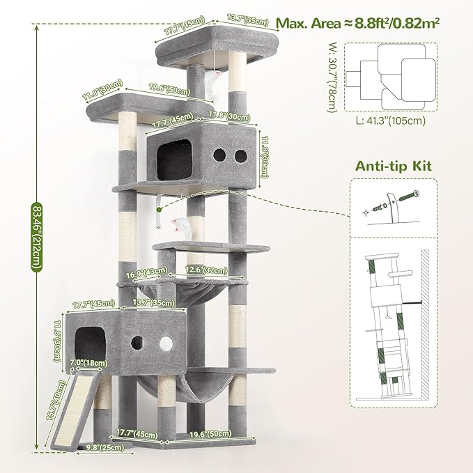 Globlazer Multi-Level Extra Large Tall Cat Tower 83 inch Sturdy Heavy Duty Cat Tree for Indoor Large Adult Cats Kittens with 2 Cat Condo, 8 Scratching Post, 2 Hammock, S83G, Light Grey