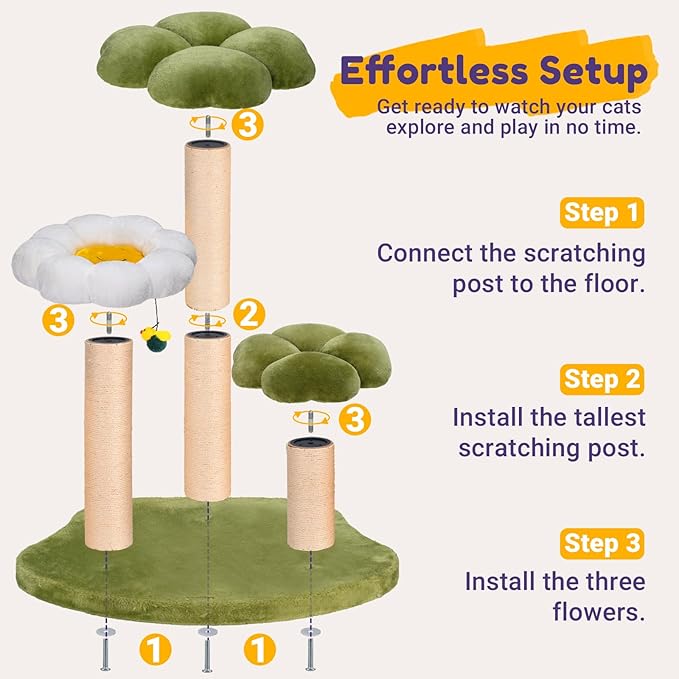 Happy & Polly Flowers Cat Tree Cute Cat Tower 35.4 Inches Multi-Level Stable Condo for Large Cats Easy to Assemble with Scratching Posts Cat Furniture Activity Center for Kitten