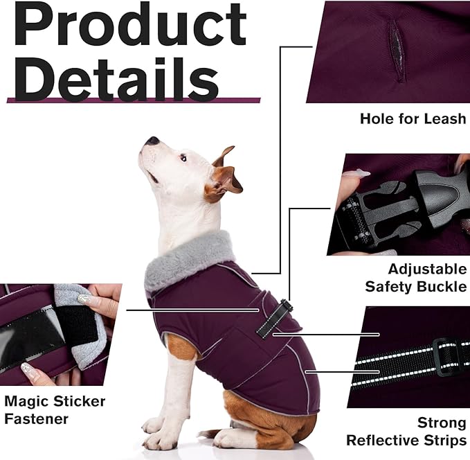 Lelepet Warm Dog Coat Waterproof Dog Jacket for Large Dogs Reflective Fleece Vest with Adjustable Buckle Hook & Loop Windproof Cold Weather Coats for Small Medium Large Dogs, Dark Purple, L
