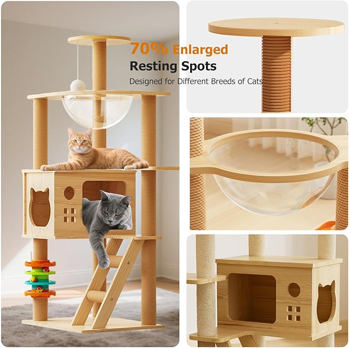 Large Cat Tree,120 Tall Wooden Cat Tower with Spacious Cave,Transparent Space Capsule,8 Fully Scratching Posts and Natural Wood Posts, Kitty Condo with Multi-Layer Platform