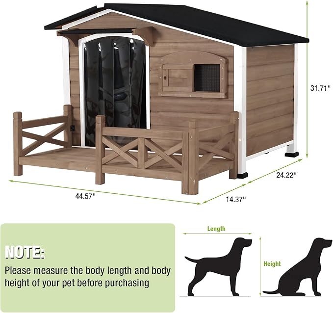 GUTINNEEN Dog House Outdoor with Anti-Chewing Iron Frame, Weatherproof Dog Shelter with Large Porch and Sliding Window, Dog Crate for Small, Medium and Large Dogs Outside (Light Brown)