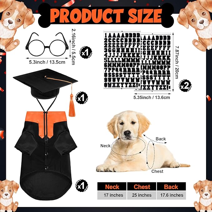 5 Pcs Dog Graduation Costume Set Include 2026 Pet Graduation Gown with Stole Puppy Grad Cap Lensless Glasses DIY Letter Stickers for Dogs Cats Holiday Costume Accessory(Black Orange,L)