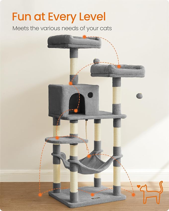Feandrea Cat Tree, 56.3-Inch Cat Tower, Multi-Level Plush Condo with 11 Scratching Posts, 2 Perches, Hammock, Cave, Light Gray UPCT15W