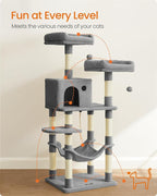 Feandrea Cat Tree, 56.3-Inch Cat Tower, Multi-Level Plush Condo with 11 Scratching Posts, 2 Perches, Hammock, Cave, Light Gray UPCT15W
