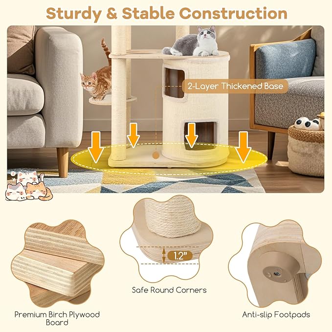 Tangkula Cat Tree Tower, 60 Inch Multi-Level Modern Wooden Cat Tower with 2-Story Condo, Sisal Scratching Posts & Mat, Perch, Hammock, Washable Plush Cushion for Indoor Cats Large Adult
