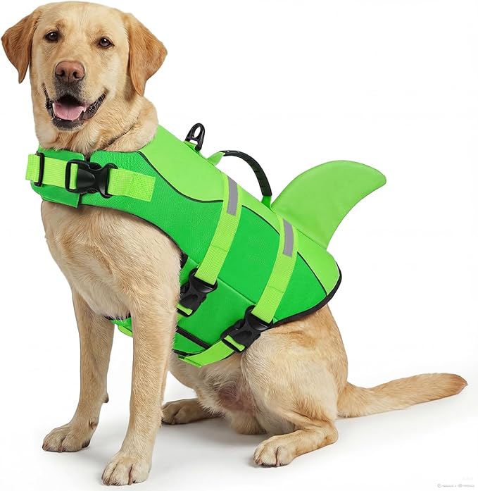 ASENKU Dog Life Jacket - Pet Safety Vest for Swimming & Boating, Shark Life Jacket with Floatation, Dog Lifesavers Swimsuits for Small Medium Large Dogs (Neongreen, 2XL)