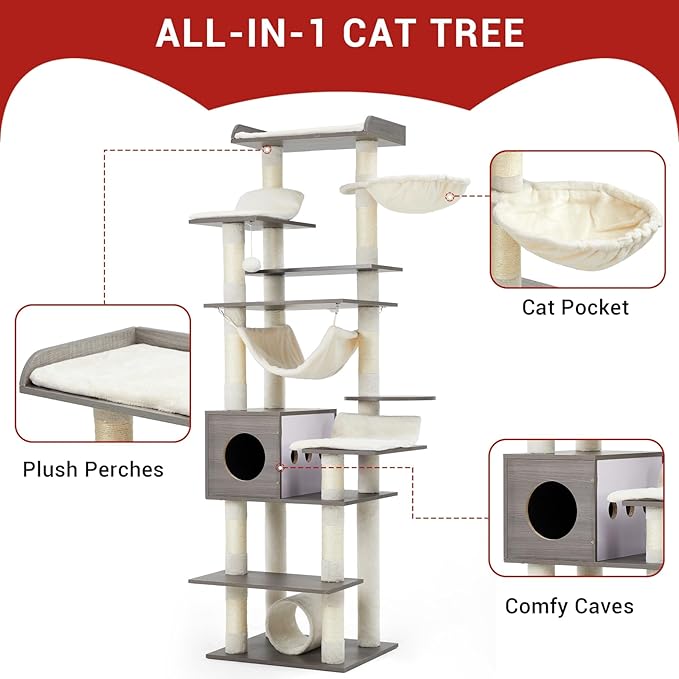 GarveeHome 67 in Cat Tree for Large Cats, Features Scratching Post, Cat Condo, Platforms, Tunnel, Hammock, Food Station & Bowls – Ideal for Indoor Cats, Retro Light Gray
