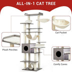 GarveeHome 67 in Cat Tree for Large Cats, Features Scratching Post, Cat Condo, Platforms, Tunnel, Hammock, Food Station & Bowls – Ideal for Indoor Cats, Retro Light Gray