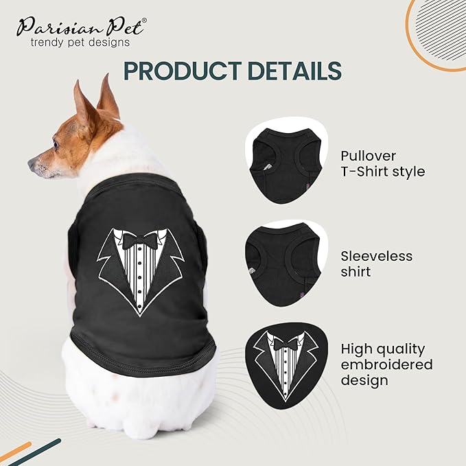 Parisian Pet Dog Shirt – 100% Cotton Shirts for Small Dogs – Sleeveless Tuxedo Puppy Clothes – Lightweight and Breathable Pet Apparel – Black Dog Clothes - Stretchy T Shirts for Dogs