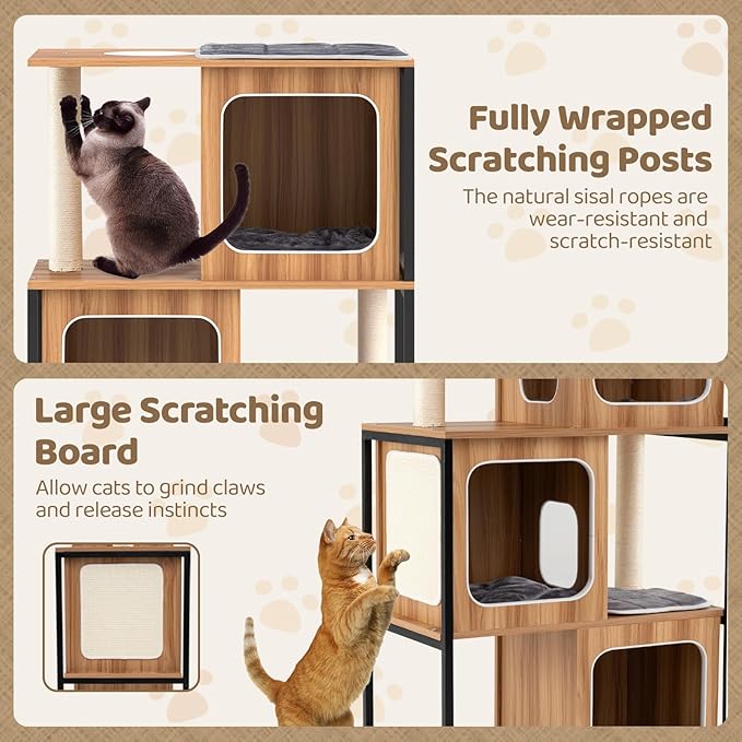 Tangkula Modern Cat Tree, 52 Inch Wooden Cat Condos with Metal Frame, Sisal Scratching Posts & Board, Washable Cushions, Multi-Level Cat Tower for Indoor Cats & Kittens (Natural)