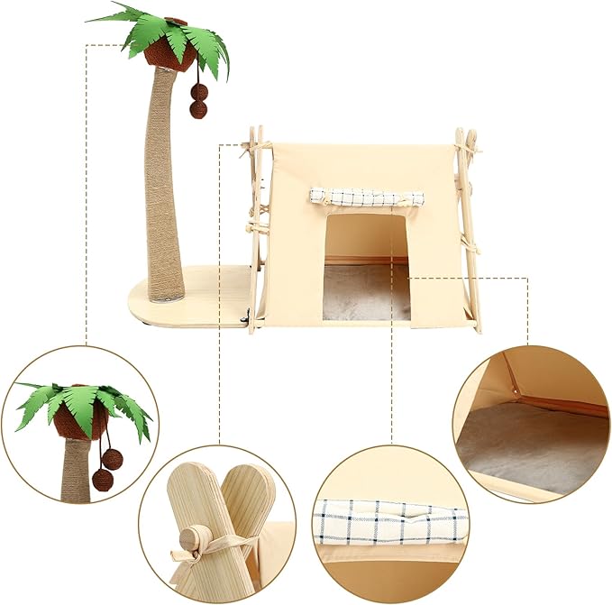 Coconut Tree Tent Cat Nest with 29.5" Scratching Post and Hanging Ball for Indoor Large Cats and Kittens