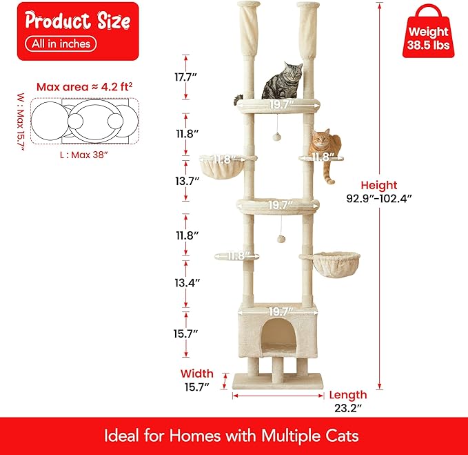 Cat Tree, Floor to Ceiling Cat Tower Adjustable Height [92.9-102.4 in=235-258cm], 7 Tiers Cat Climbing Play House with Scratching Post, Cozy Condo & Hammocks for Indoor Cats, Beige
