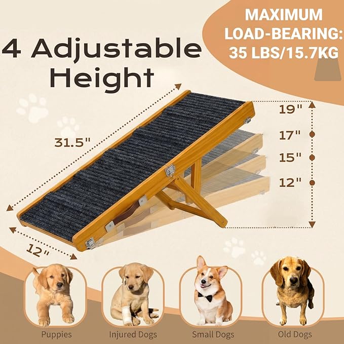 2026 Upgraded Foldable Dog Ramp for Couches, Wooden Small Dog Ramp for Sofa - 4 Adjustable Heights (12"-19"), Portable, Stable & Non-Slip, Walnut