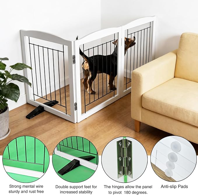 Dog Fence Indoor,Dog Gate Indoor for Doorway pet gate -3-Panel Freestanding, Hallways, House or Stairs -60x24-Inch Retractable Foldable Expandable Wood Pet by SFJC (White) ﻿ ﻿