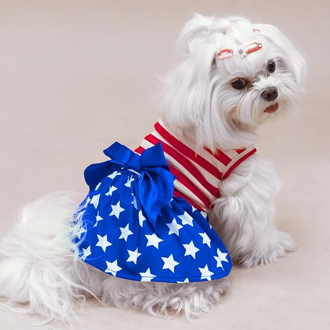 PUPTECK Print Dog Dress Pet Apparel for 4th of July with Cute Bowtie Puppy Clothes Outfit, Flag, M