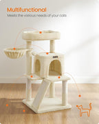 Feandrea Cat Tree, 37.8-Inch Cat Tower, Multi-Level Condo with Widened Perch, Scratching Posts and Ramp, 2-Door Cave, Hammock, Beige UPCT51M