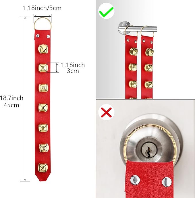 Frienda Hanging Jingle Sleigh Bells 7-Bell Dog Doorbells for Door Knob Faux Leather Belts Go Outside Dog Bells Christmas Decor and Holiday Decorations, 18.7 x 1.8 x 1 Inches(Red with Gold)