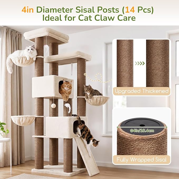 Globlazer 84" Multi-Level Large Cat Tree Tower with Extra Thick Full Sisal Scratching Posts, 2 Cat Condos, 3 Hanging Baskets, 2 Extra Large Platforms & Cat Scratching Ramp,S84, Beige