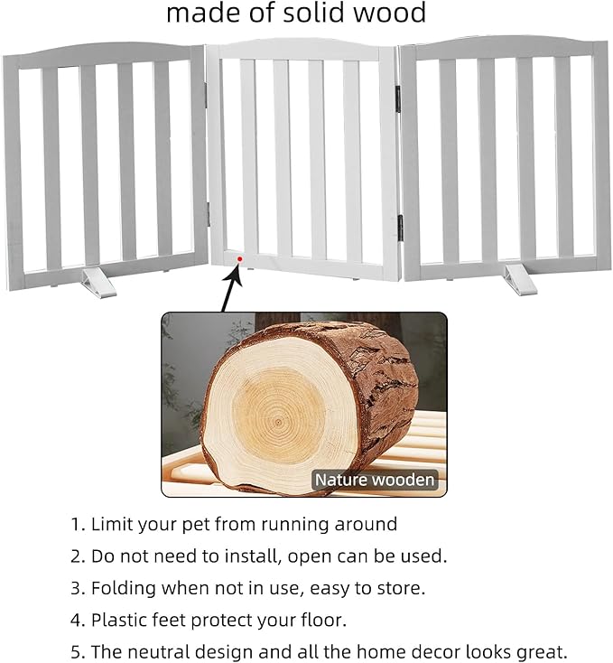 Freestanding Dog Gate Indoor,Doggie Gate Foldable Dog Gates for Doorways,Stairs or Hallways, Wooden White Pet Gate for The House, Pet Fence with Support Feet Included,32 "Height-3 Panels