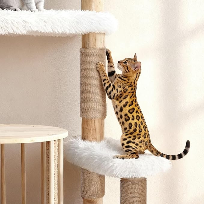 Cats Tree, 51" Modern Cat Tree Tower Natural Solid Wood Cat Furniture Luxury Condo & Dual Perches, Multi-Level Solid Wood Cat Tree Tower with Large Basket for Big Cats, White