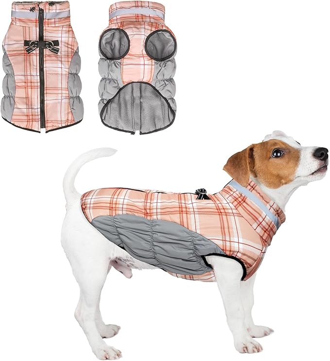 BEAUTYZOO Dog Winter Coat with Harness Built in, Reflective Plaid Puffer Vest Waterproof for X-Small Dogs, Fleece Warm Puppy Zipped Jacket with D Ring, Pet Cold Weather Sweater Clothes, Brown XS