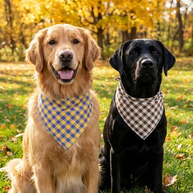 Dog Bandanas 1 Pack; Cotton Linen Khaki Plaid Bandana for Large Dogs; Soft Breathable Dog Accessories; Neutral Dog Apparel & Accessories