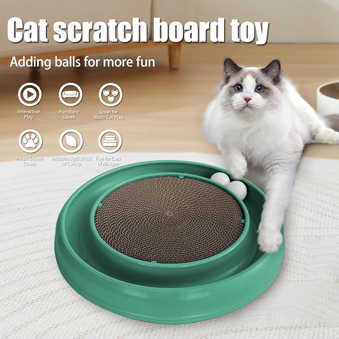 Cat Scratcher Toy Ball Track for Indoor Cats,Round Interactive Scratching Board Exercise Set for Bored Indoor Adult and Kitten Mental & Physical Stimulation(Green)