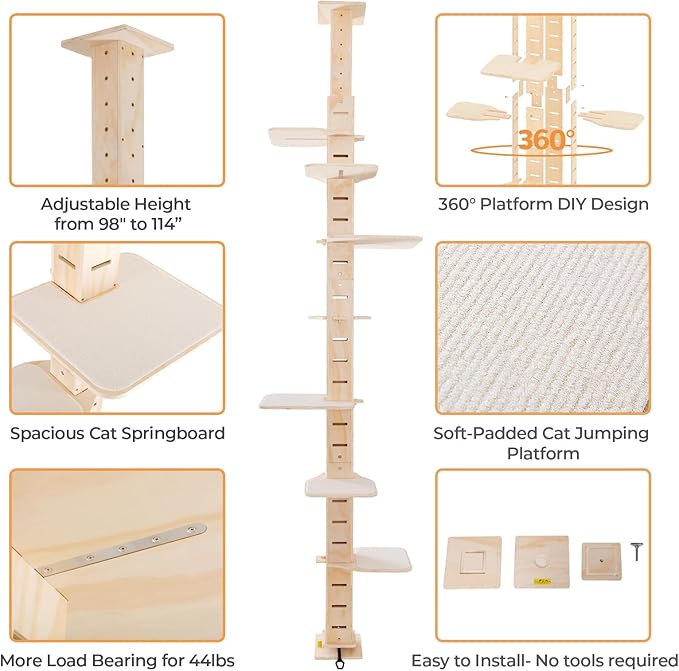 COZIWOW Floor to Ceiling Cat Tree for Large Cats, Cat Tower with Non-Slip Platforms 7 Tier Tall Climbing Pole with Adjustable Height (98-114 Inches) Modern Climbing Tower, Wood, Indoor