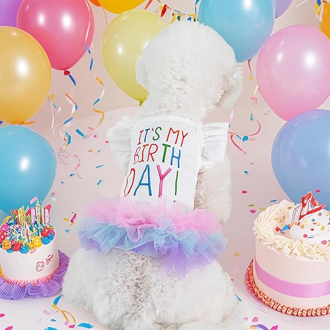 Dog Birthday Dress It's My Birthday Dog Dress Small Doggy Girl's Tutu Dresses Ruffle Sleeless Puppy Clothes Tulle Lace Skirt Pet Costume Cat Outfits (White, M(12-18lb))