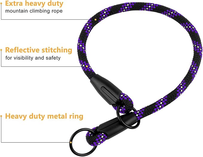 BronzeDog Rope Pro Training Dog Collar Braided No Pull Quick Release Round Lead Collars for Dogs Small Medium Large Puppy (S - 17.7" Long, Purple)