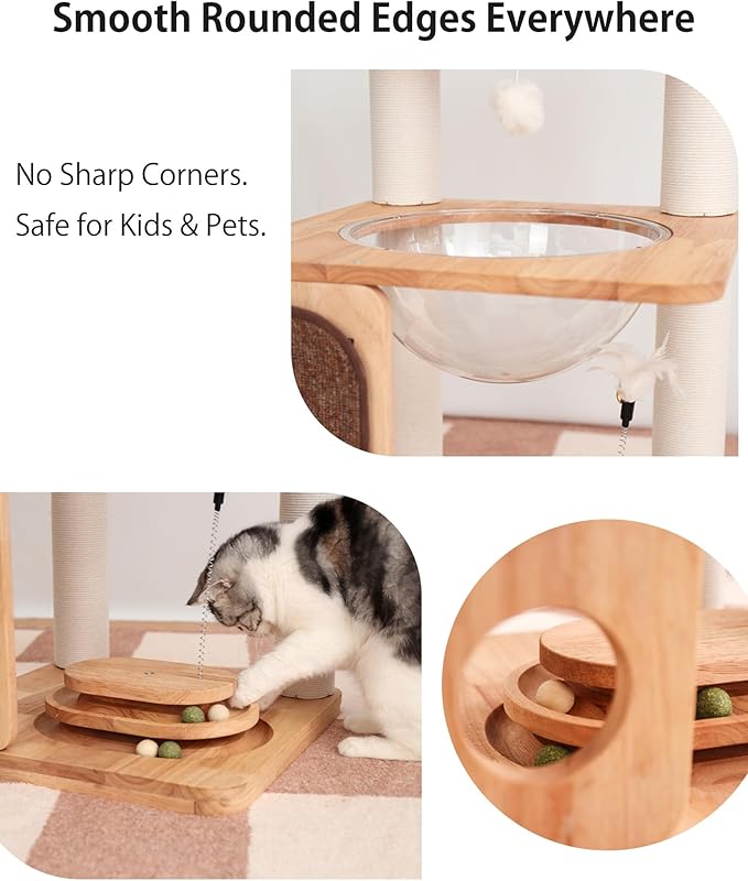 Wood Cat Tree 31-Inch Sall Cat Tower with Scratching Post for Indoor Cats, Multi-Level Cat Condo with Hand-Woven Cat Bed and Acrylic Bowl Easy to Clean