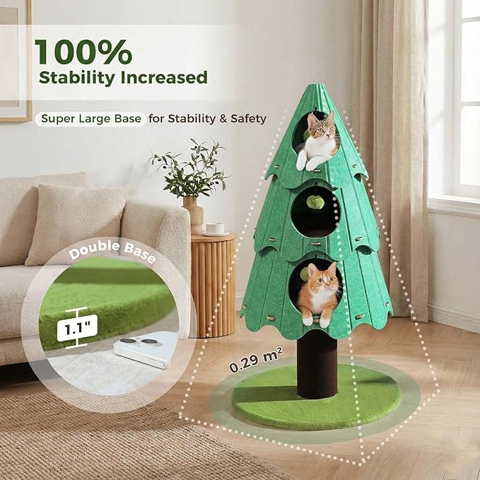 53 Inch Christmas Cat Tree for Indoor Cats, Cat Tower with 3 Condos & 4 Pompoms, Multi-Cat Furniture with Holiday Felt Stickers, Activity Center & Beds, Green